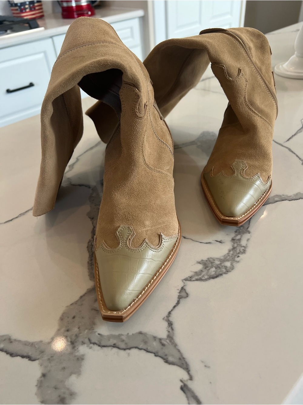 Coconuts by Matisse Tan Suede Boots with Olive Croc-Effect Toe